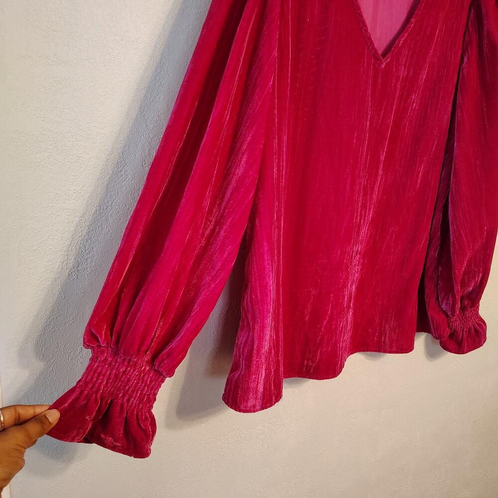 Jodifl Velvet Blouse XL Hot Pink V Neck Puff Sleeve Shimmer Party Top - Picture 2 of 10